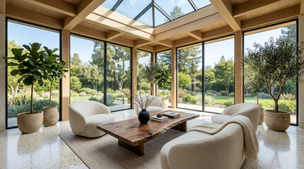 Fototapeta premium Modern sunroom interior with wooden beams, glass skylight, boucle armchairs and garden view