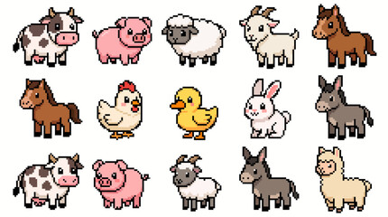 Fototapeta premium Cute Pixel Art Farm Animal Collection Retro 8 Bit Game Sprite Sheet