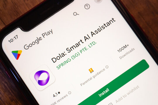 Mexico City, MEXICO - Jul 7 2026 : Smartphone showing the Dola Smart AI Assistant app page on the Google Play Store.