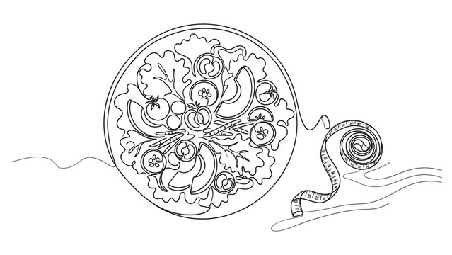 Continuous one line drawing of a salad bowl with a measuring tape