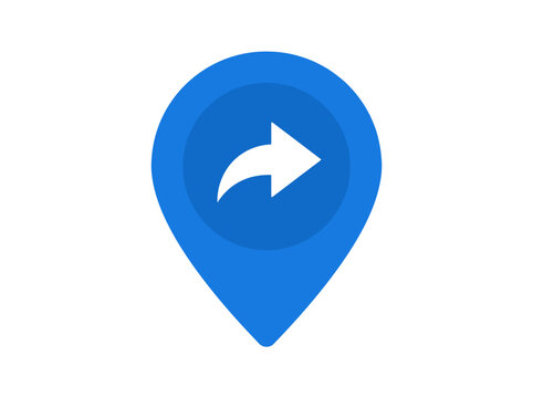 Blue map pin with arrow.