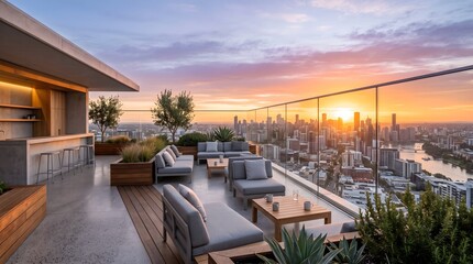 Fototapeta premium Modern rooftop lounge featuring elegant outdoor furniture and breathtaking sunrise skyline views in a contemporary metropolitan setting.