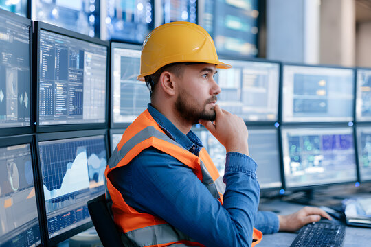 The engineer monitors the control room, the manager oversees the control system, the technician watches the running program on multiple monitors. The specialist checks the analytics dashboard, while t
