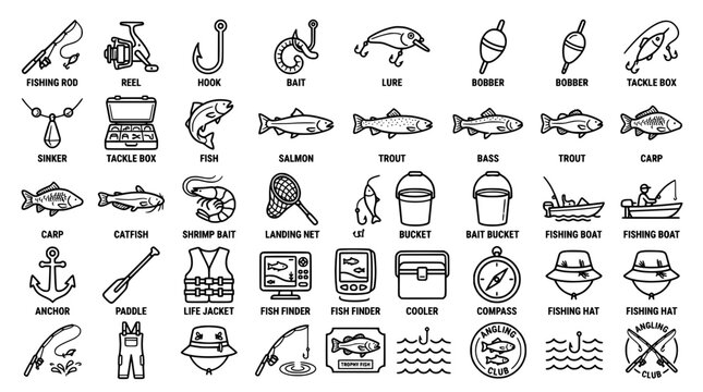Fishing Line Icons Pack Featuring Angling Rod Reel Hook Bait and Outdoor Tackle Gear