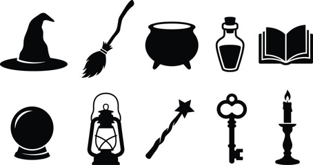 Black silhouette magic and witchcraft icon set for Halloween and fantasy design projects © Arifa