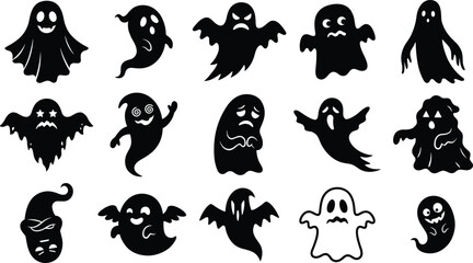 Obraz premium Halloween Ghost Silhouette Character Collection with Cute Scary and Spooky Spirit Vector Set