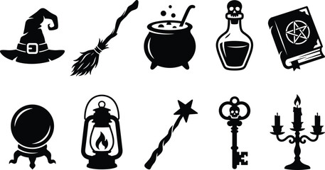 Halloween magic and witchcraft black silhouette icon set featuring spellbook, cauldron, and spooky skull details © Arifa