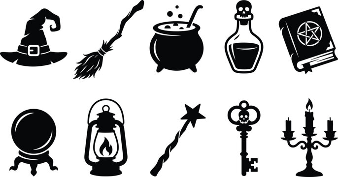 Halloween magic and witchcraft black silhouette icon set featuring spellbook, cauldron, and spooky skull details