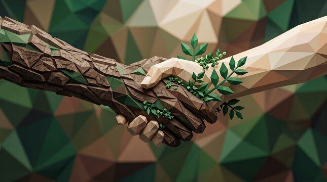 Low poly geometric handshake between human hand and nature tree branch concept