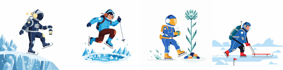 Set of four vector illustrations showing astronauts and space explorers engaging in fun winter activities on a frozen icy planet. © Kreco