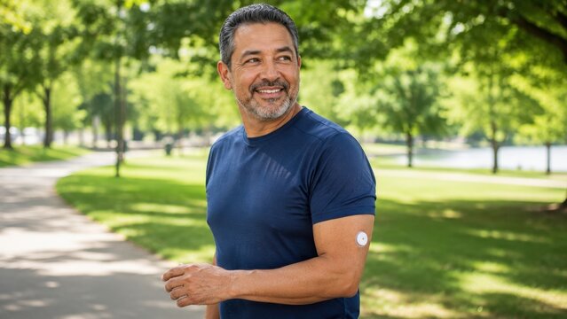 Continuous Glucose Monitor on Upper Arm of Smiling Middle Aged Man Walking in Park on Sunny Day for Active Diabetes Management Lifestyle