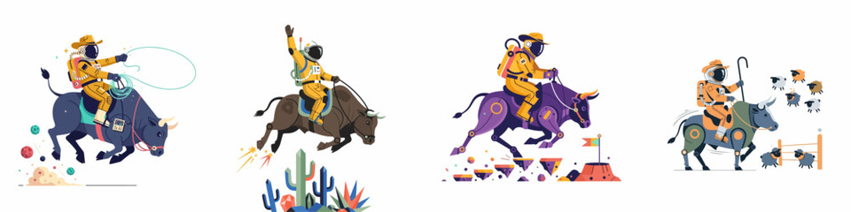 Fototapeta premium Collection of Four Creative Space Cowboy Illustrations Featuring Astronauts Riding Bulls in a Futuristic Sci-Fi Western Style on a White Background