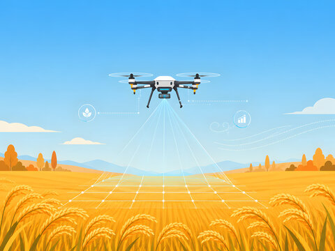 Minimalist 2D vector illustration of smart agriculture drone flying over golden autumn crop fields technology concept