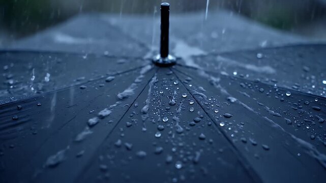 Black umbrella surface covered in heavy raindrops during a dark rainy weather day