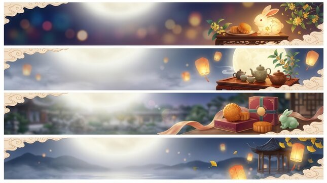 Mid-Autumn Festival banners with mooncakes, lanterns, and rabbits under a moonlit night sky for Asian celebrations.