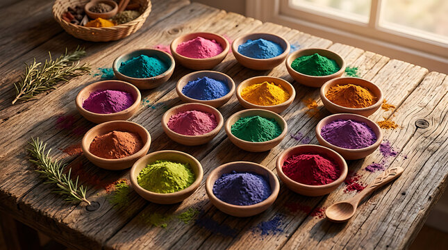 Vibrant colored powder display on rustic wooden table indoors