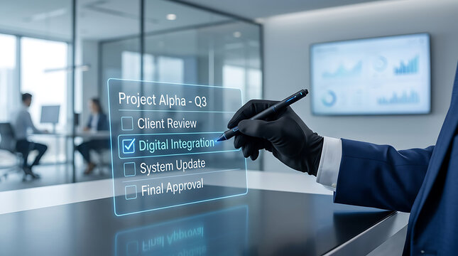 A businessman interacts with a digital interface on a conference table in a modern office.