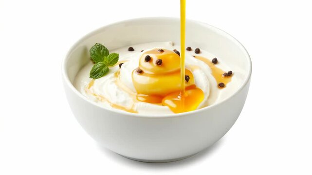 Golden syrup pours onto creamy dessert. Chopped chocolate dots the top. Fresh mint leaf garnishes the bowl. Pure white bowl holds the sweet treat. Syrup drips slowly, creating swirls