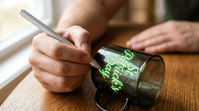 Person writing on a mug with a marker on a wooden table by a window