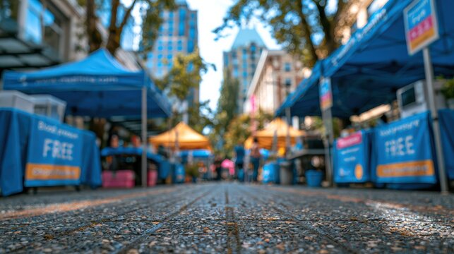 Outdoor market stalls with blue and orange tents line a city street, creating a vibrant, colorful scene with blurred buildings and trees in the background.