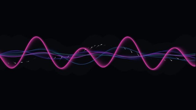 An abstract visualization of sound waves or energy waves in purple and blue, against a black background