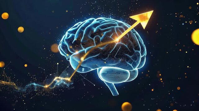 Digital Brain Growth and Success: An animated representation of a human brain glowing with digital energy, symbolizing intellectual growth, artificial intelligence.