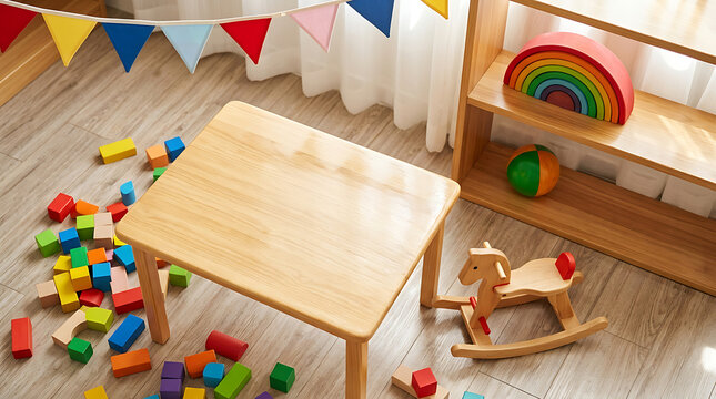 Children play with colorful blocks on floor next to wooden table and shelf