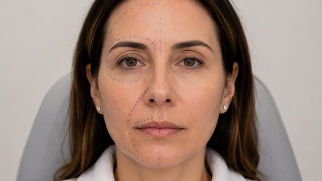 iller Mapping Front View Portrait of Woman with Purple Dotted Injection Guide Lines on Cheeks Jawline and Nasolabial Folds Before Treatment