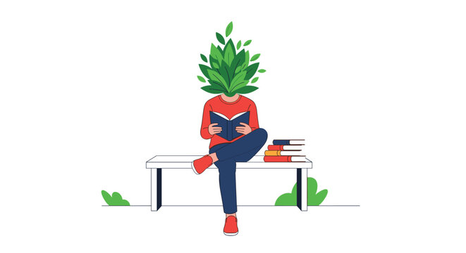 Surreal illustration of a person with a green plant for a head sitting on a bench and reading a book with more books stacked nearby.