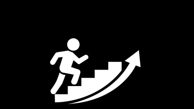 Animated stick figure running up white staircase with arrow on black screen background video clip.