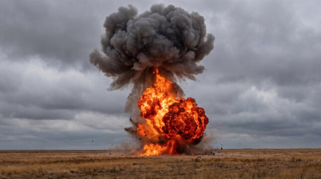 Massive explosion with fiery blast and dark smoke cloud against a cloudy sky.
