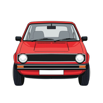 Front view of a classic red retro hatchback car, Mk1 vintage model vector illustration isolated on white background
