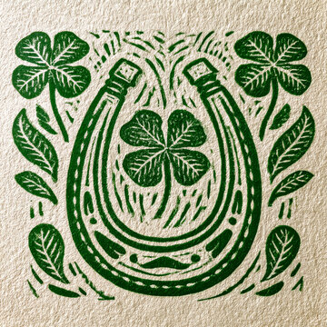 Textured green linocut print of a lucky horseshoe surrounded by four leaf clovers on a golden metallic paper