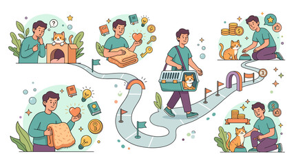 Naklejka premium Man caring for cat journey flat design vector illustration