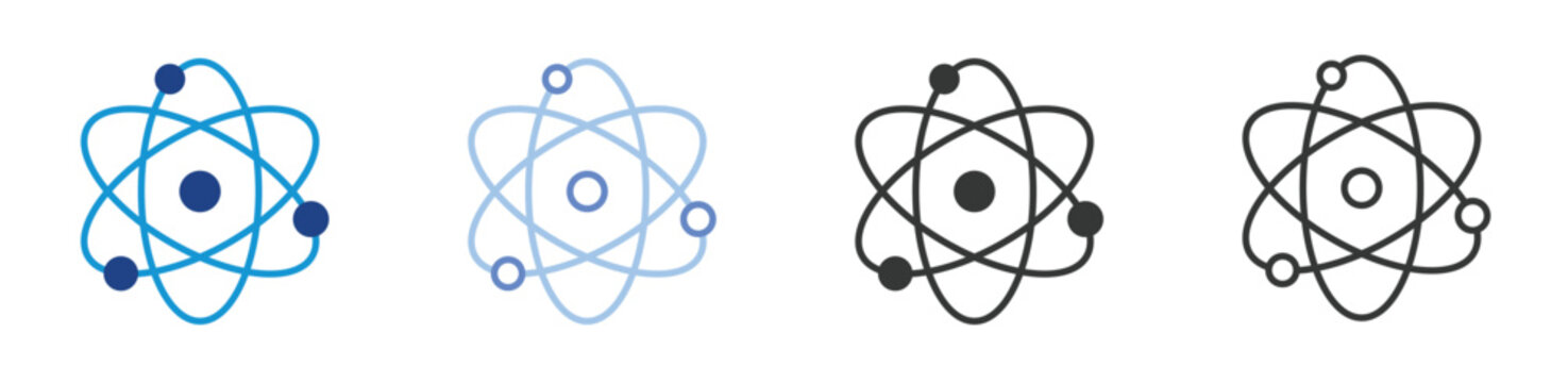 Atom model icon set in blue, light blue, black and outline versions for scientific illustration