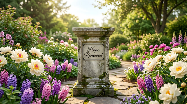 A serene garden scene with a stone pedestal surrounded by vibrant flowers and lush greenery along a winding stone pathway.