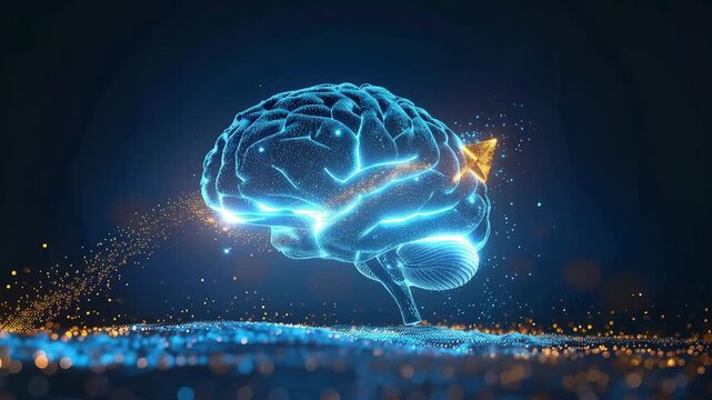 Abstract Brain Power: A luminous, futuristic representation of a human brain, glowing with electric blue energy and surrounded by digital particles, symbolizes intelligence and cognitive function.