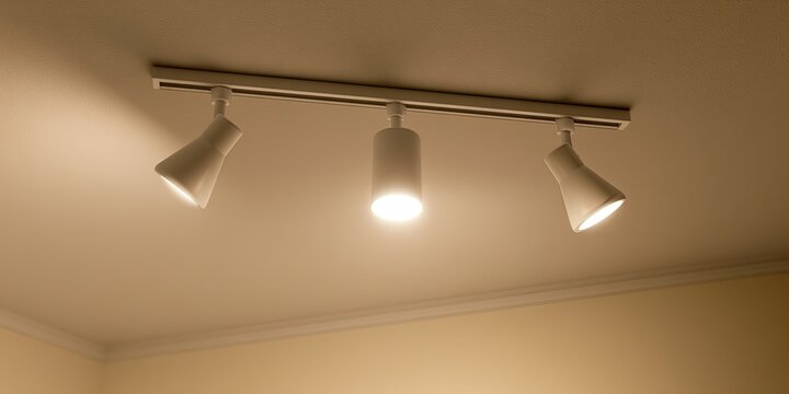 White track light fixture with three adjustable spotlights mounted on a ceiling
