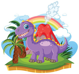 Cartoon Purple Brachiosaurus Standing in Prehistoric Landscape with Volcano and Rainbow © brgfx