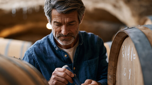 Cellar master checks barrel temperature in a sandstone wine cave using a digital probe, chalk tally marks on cask ends, low-arched stone ceiling dripping with condensation,