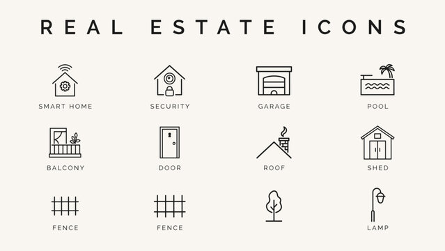 Linear smart home and property amenity icons &ndash; Great for modern residential listings, home automation tech, or architect sites.