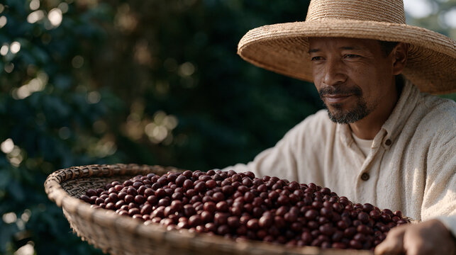 Colombian coffee farmer in a wide straw hat sorting freshly picked cherries on a flat woven basket at harvest, agricultural precision, fair trade, tropical mountain growing