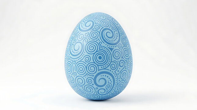 The decorative blue egg sits on a white surface in a room.