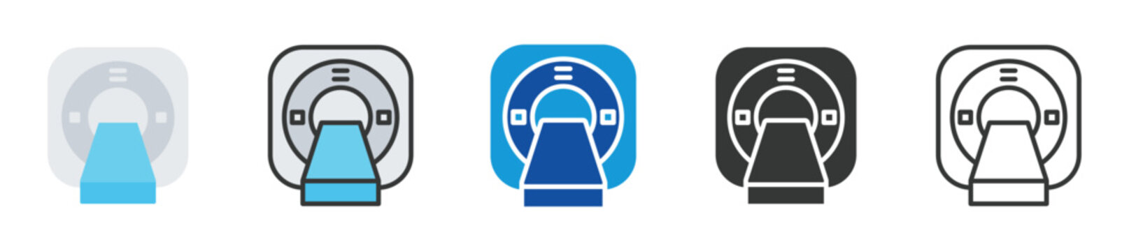 MRI machine icon set in gray, black, blue and outline variations for medical imaging