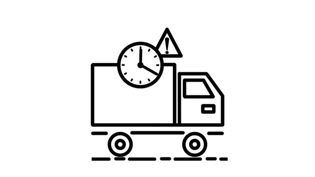 Delay delivery icon featuring delivery truck, clock, and exclamation symbols. Visual representation of shipping delays and logistics disruptions.