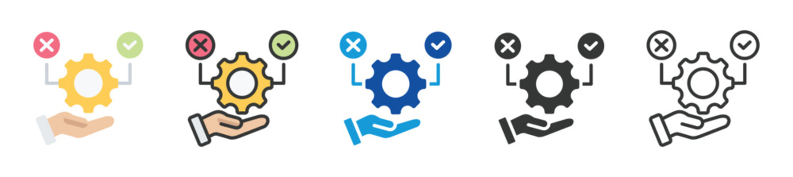 Quality control gear icon set showing a hand holding a gear with pass and fail indicators