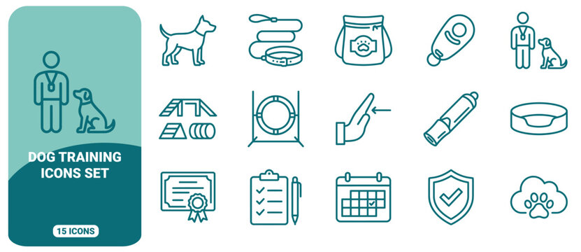 Dog training icon set featuring outline of canine obedience equipment, accessories, and certification symbols in teal green