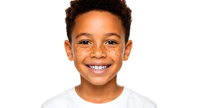 close up studio portrait of a cheerful young mixed race boy smiling with freckles