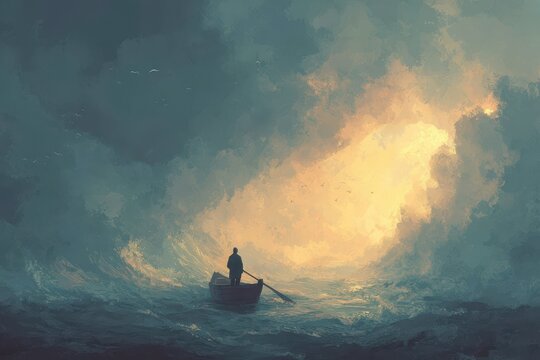 Solitary sailor at a stormy sea with a large open Bible as a symbolic sail, representing faith, hope, and salvation