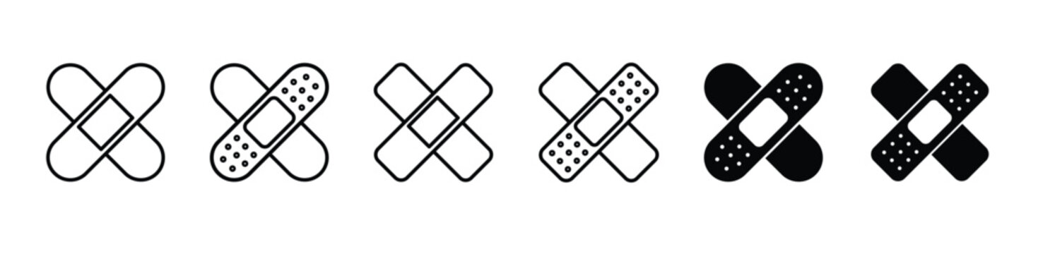 Medical adhesive bandage icon set in line art and solid fill variations for first aid